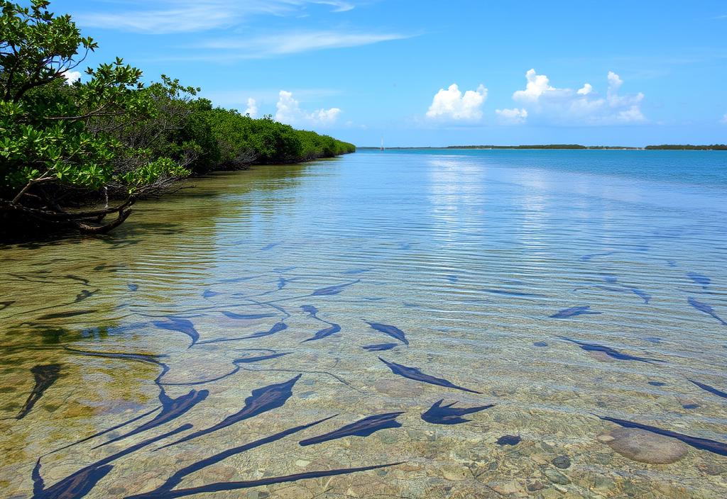 A scenic estuary with mangroves and marine life