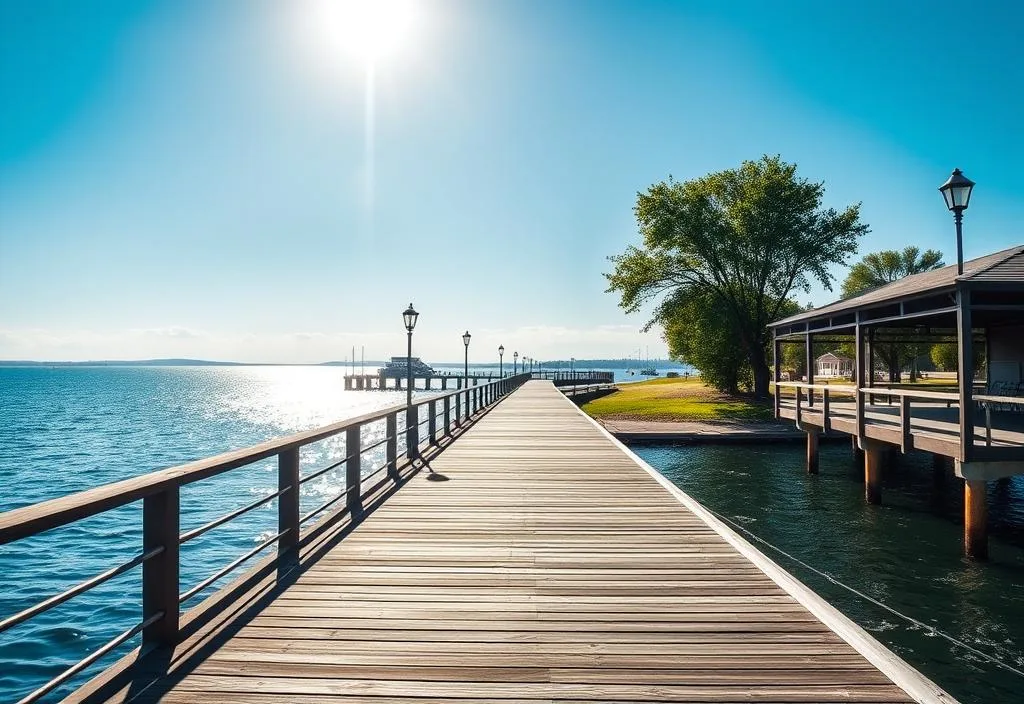 A scenic pier park with a clear blue sky and waterfront views