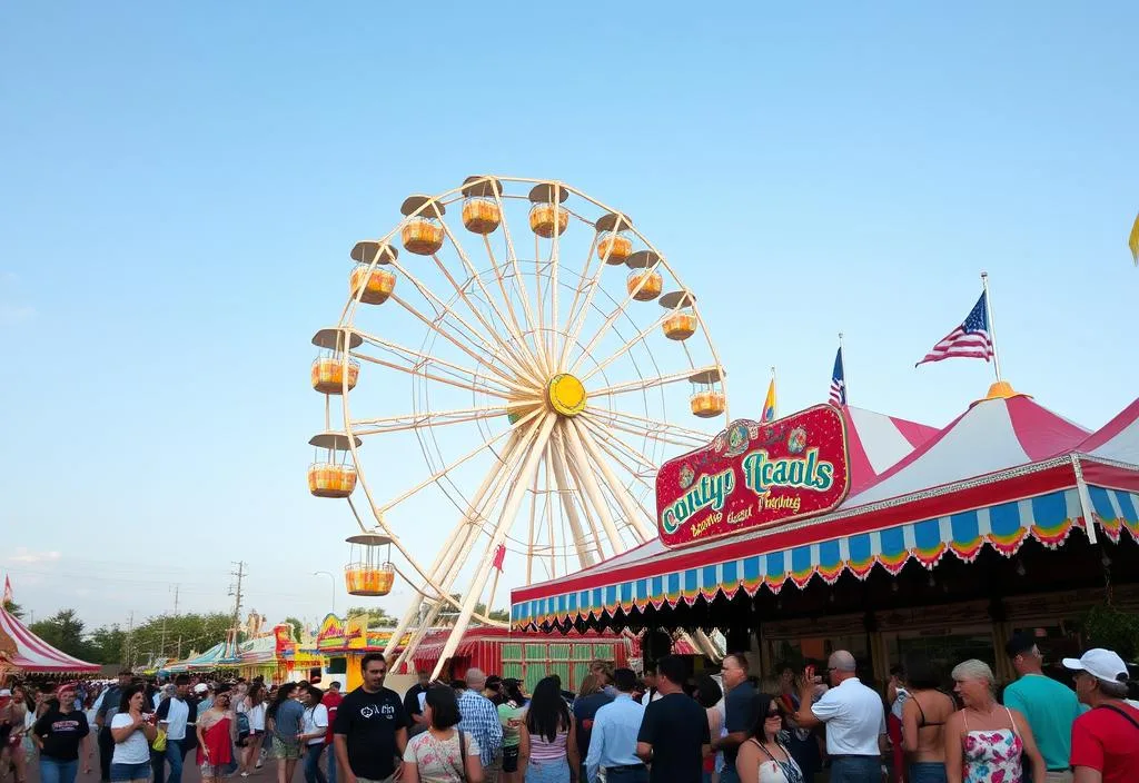 A colorful county fair with a Ferris wheel and happy crowds