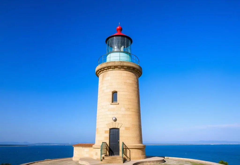 A historic lighthouse with a clear blue sky and a scenic view