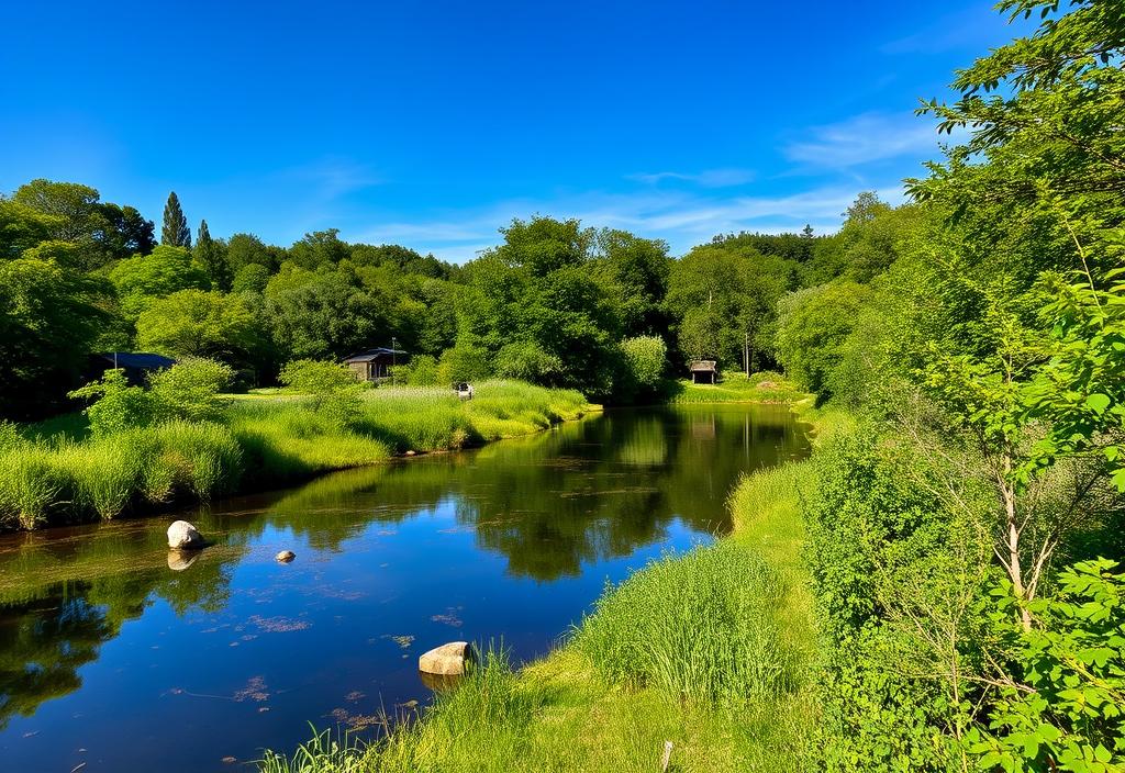 A serene nature reserve with a clear blue sky and lush greenery