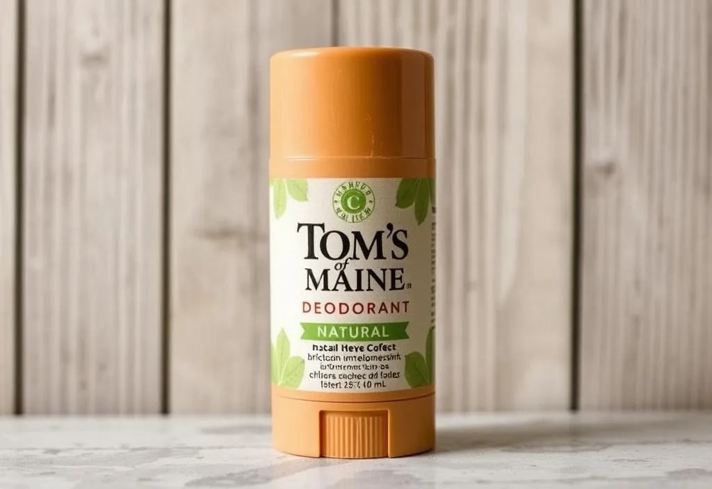 A Tom's of Maine deodorant stick with a natural and earthy design