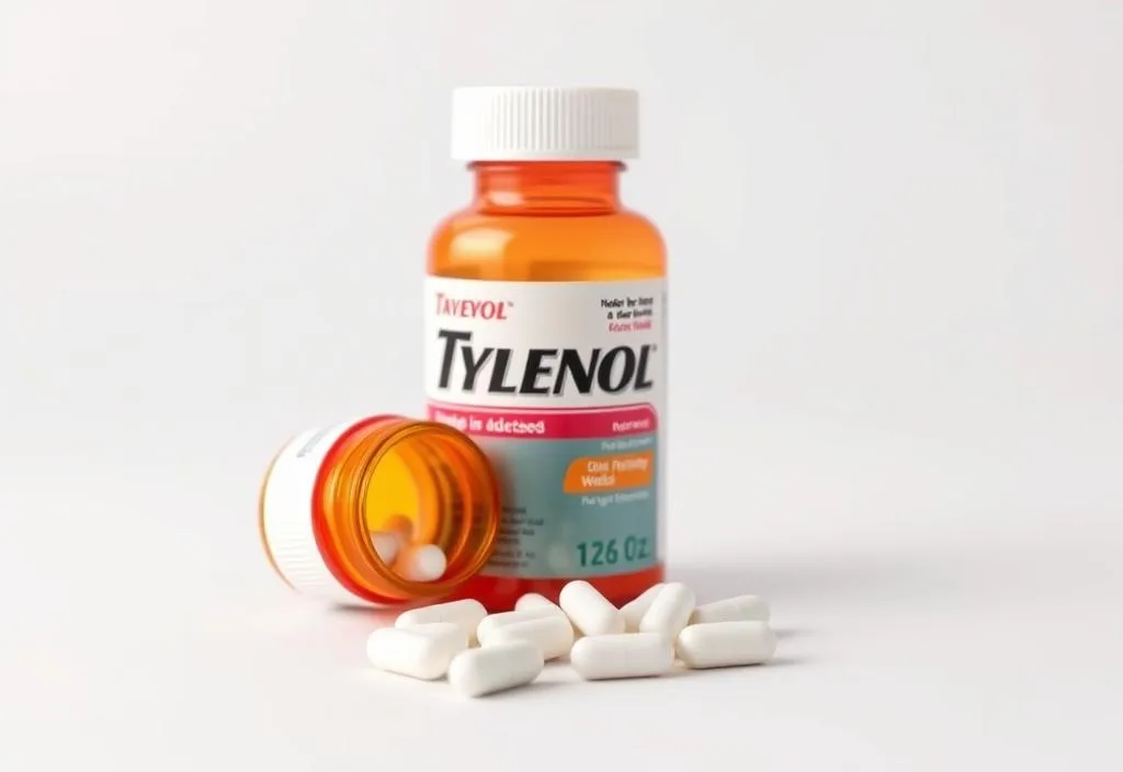 A bottle of Tylenol pills on a white background