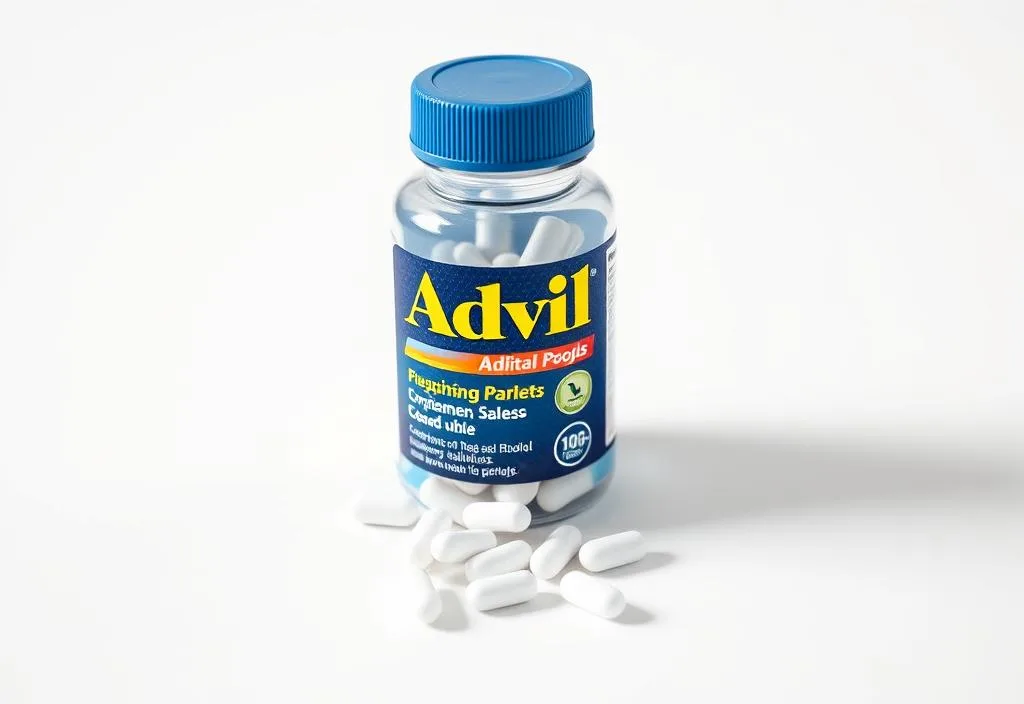 A bottle of Advil pills on a white background