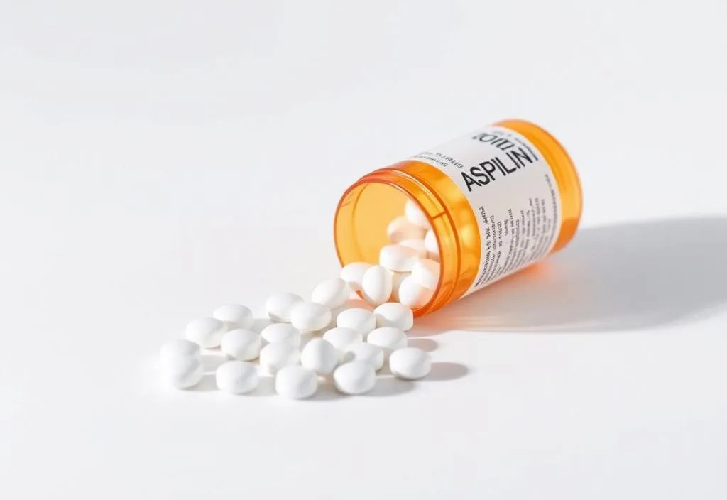 A bottle of aspirin pills on a white background