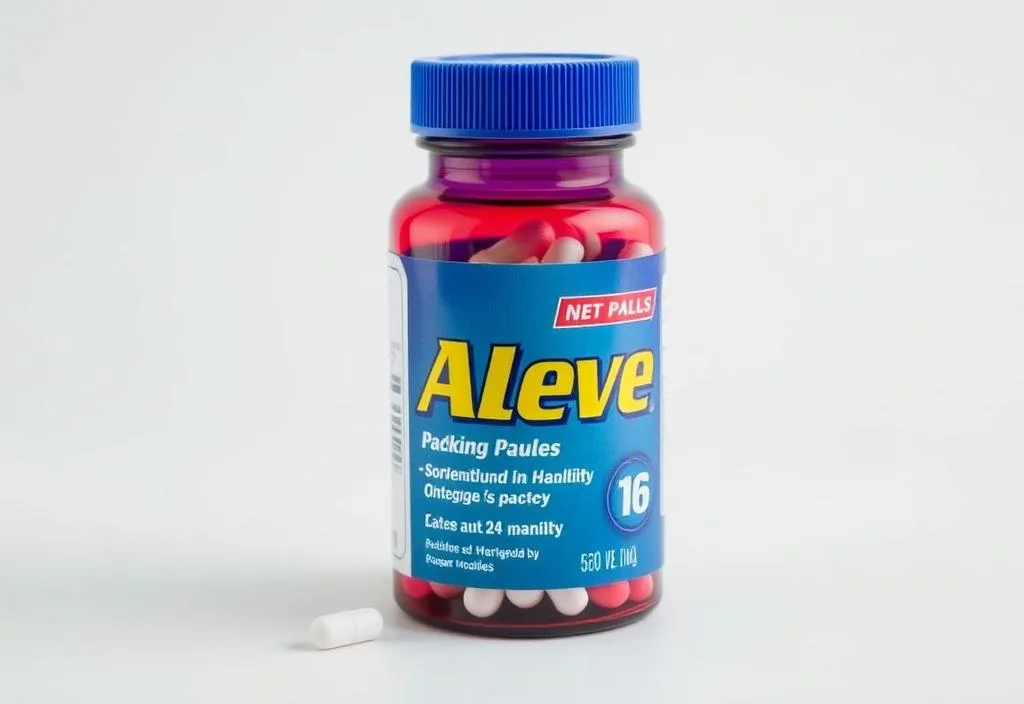 A bottle of Aleve pills on a white background