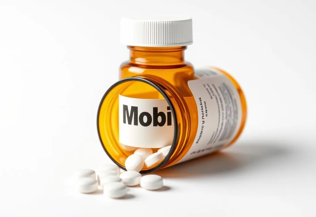 A bottle of Mobic pills on a white background