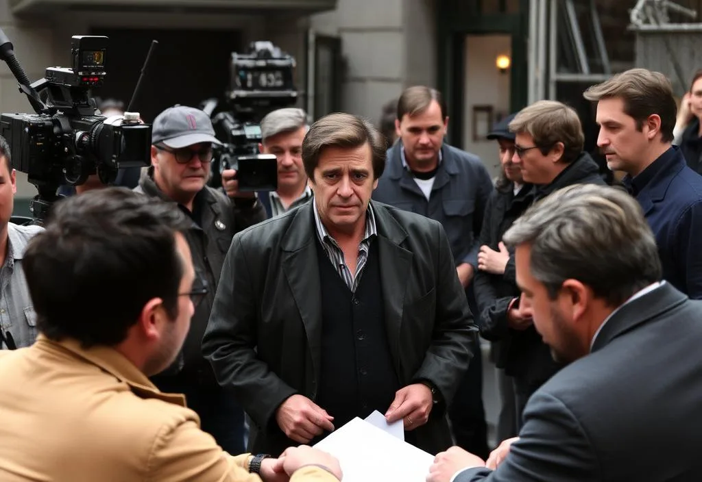 Al Pacino on the set of a film, surrounded by crew and cast members