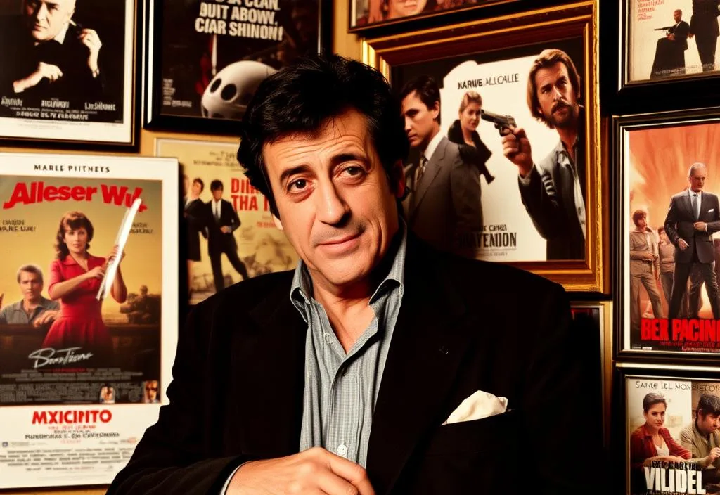 Al Pacino in a nostalgic photo, surrounded by iconic film posters