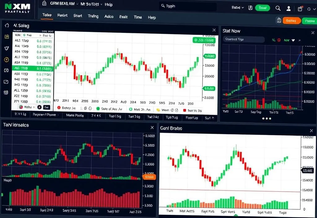 A screenshot of the XM trading platform with various charts and graphs displayed