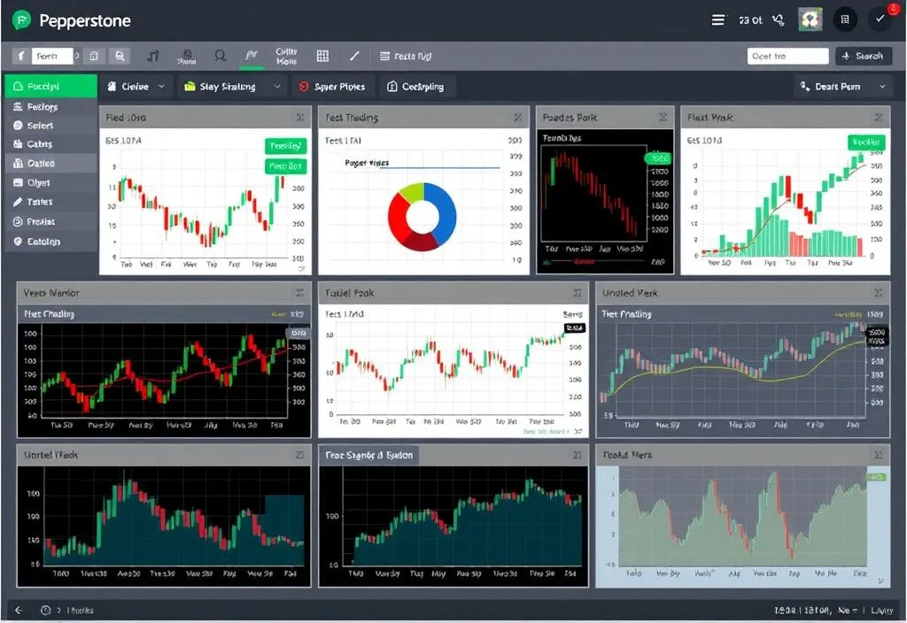 A screenshot of the Pepperstone trading platform with various charts and graphs displayed