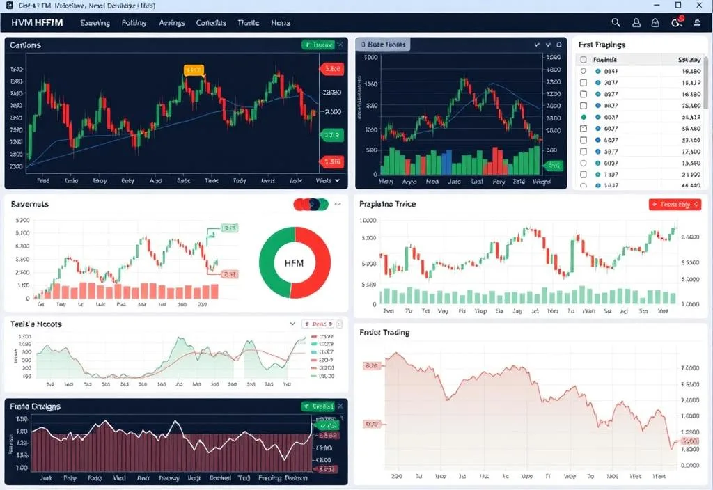 A screenshot of the HFM trading platform with various charts and graphs displayed