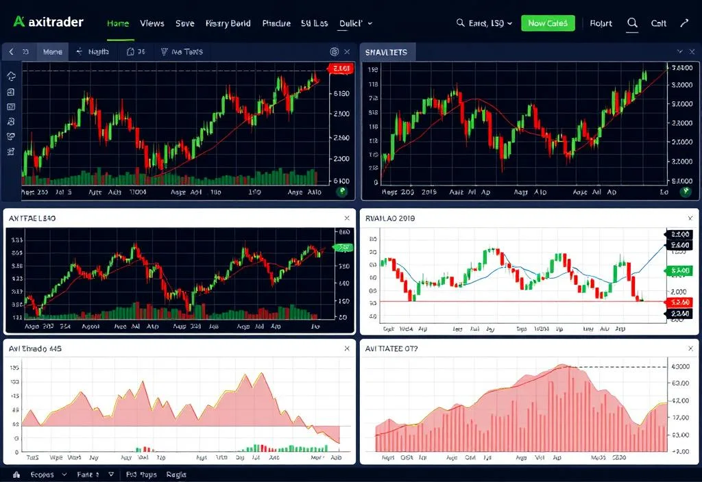 A screenshot of the Axitrader trading platform with various charts and graphs displayed