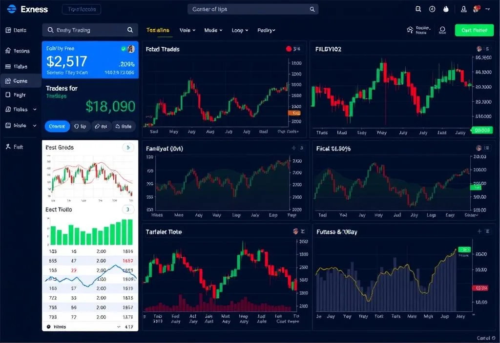 A screenshot of the Exness trading platform with various charts and graphs displayed