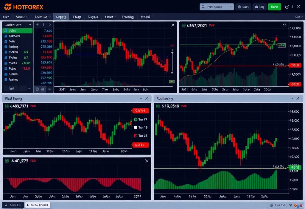 A screenshot of the HotForex trading platform with various charts and graphs displayed