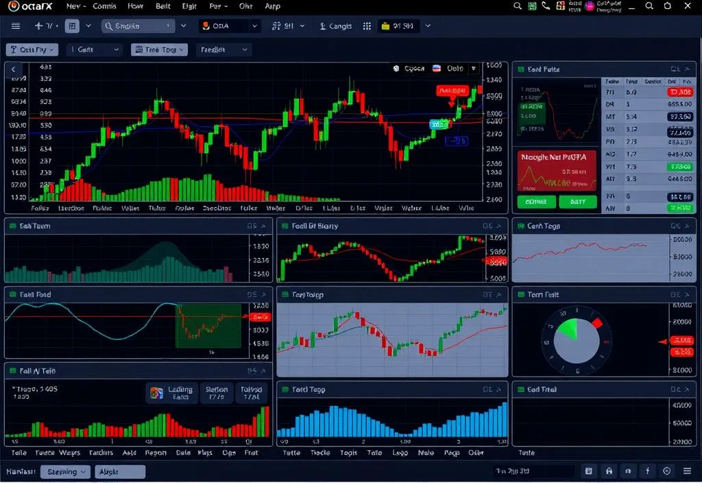 A screenshot of the OctaFX trading platform with various charts and graphs displayed