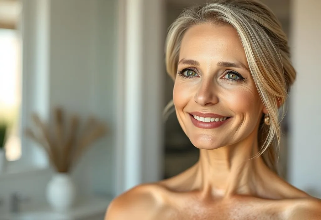 A woman in her 40s with smooth and glowing skin