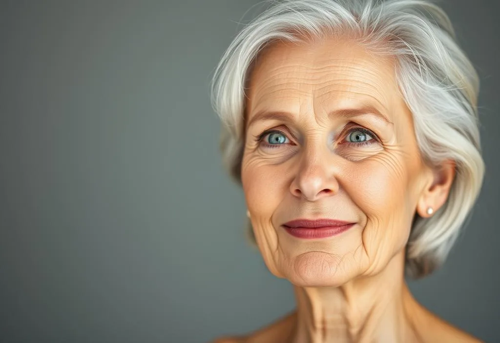 A woman in her 60s with smooth and glowing skin