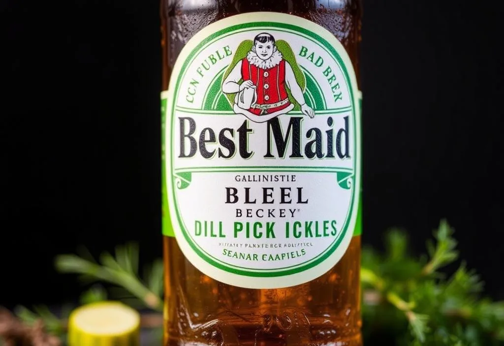 A bottle of Best Maid Dill Pickle Beer with a slice of dill pickle