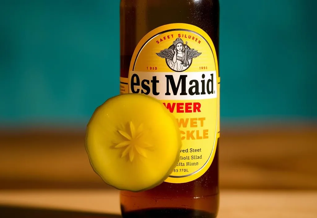 A bottle of Best Maid Sweet Pickle Beer with a slice of sweet pickle