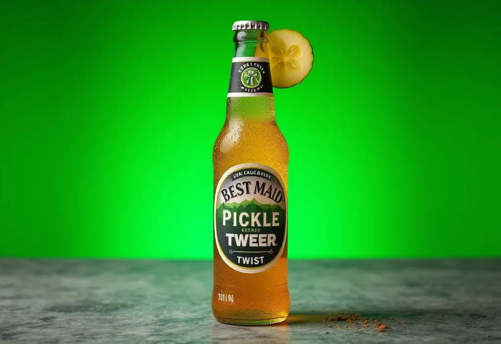 A bottle of Best Maid Pickle Beer with a Twist with a slice of pickle and a sprinkle of spice