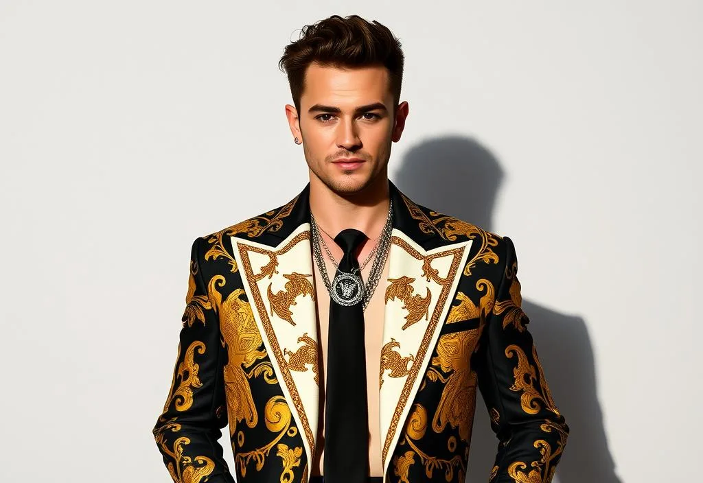 Liam Payne modeling a Versace outfit