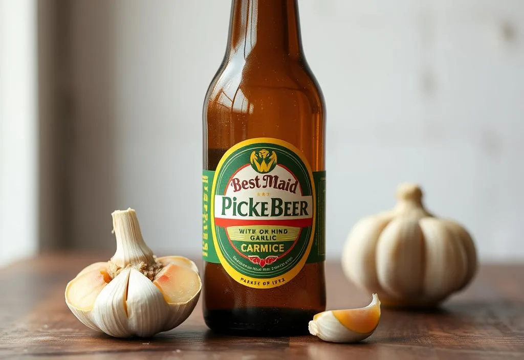 A bottle of Best Maid Pickle Beer with a Hint of Garlic with a slice of garlic