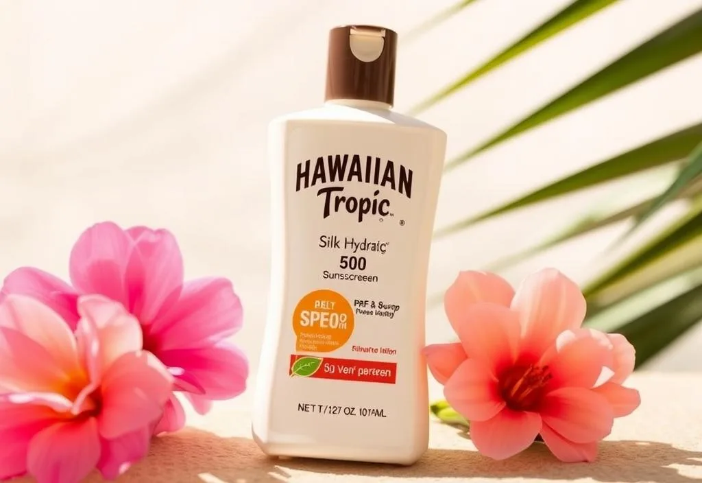 A bottle of Hawaiian Tropic Silk Hydrate SPF 50 Sunscreen Lotion