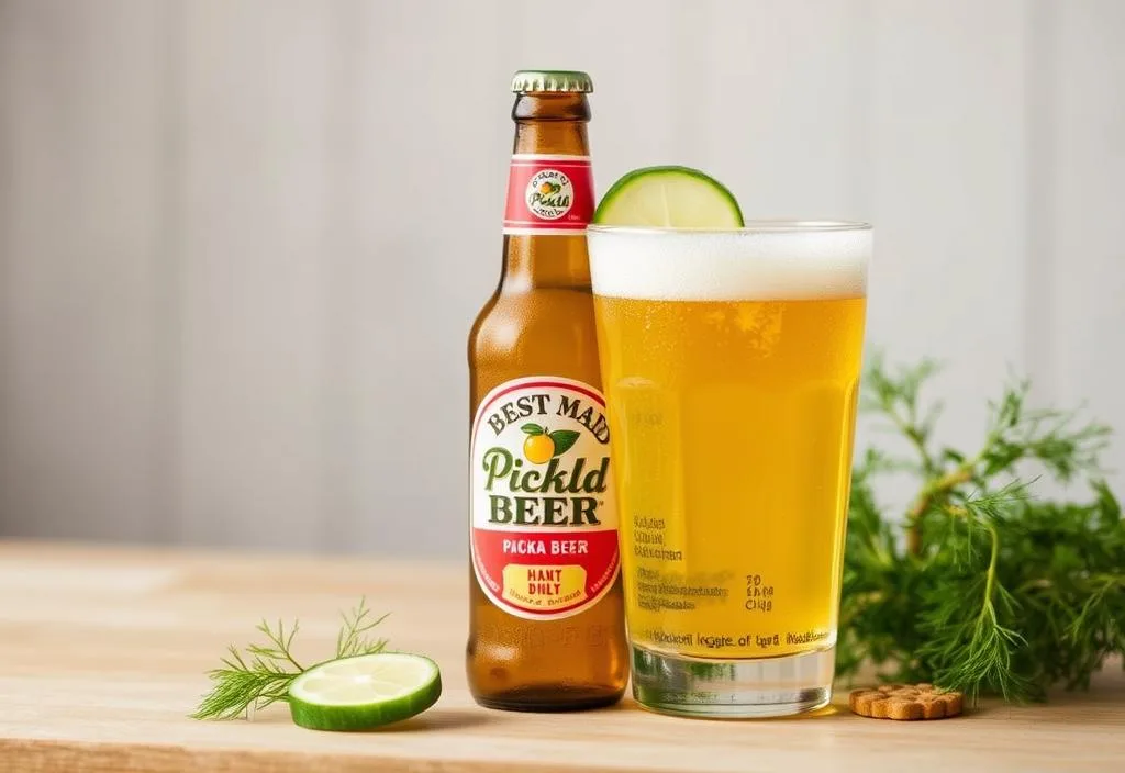 A bottle of Best Maid Pickle Beer with a Hint of Dill with a slice of dill