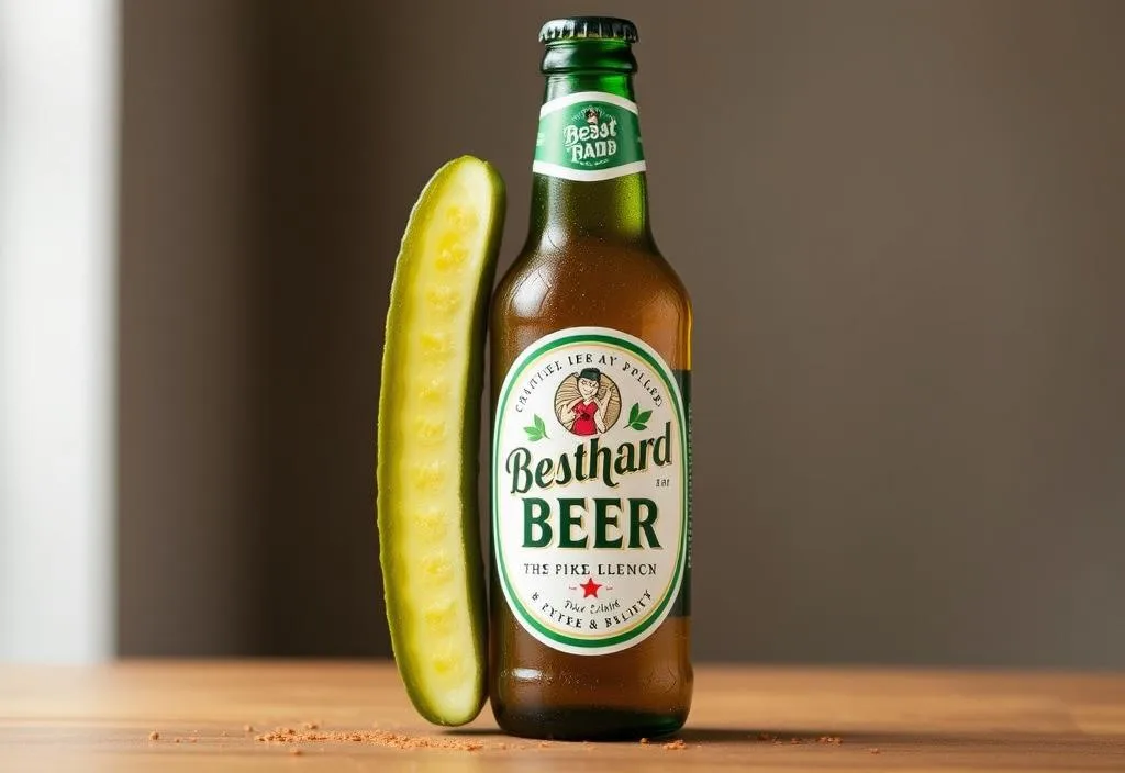 A bottle of Best Maid Pickle Beer with a Hint of Spicy with a slice of pickle and a sprinkle of spice