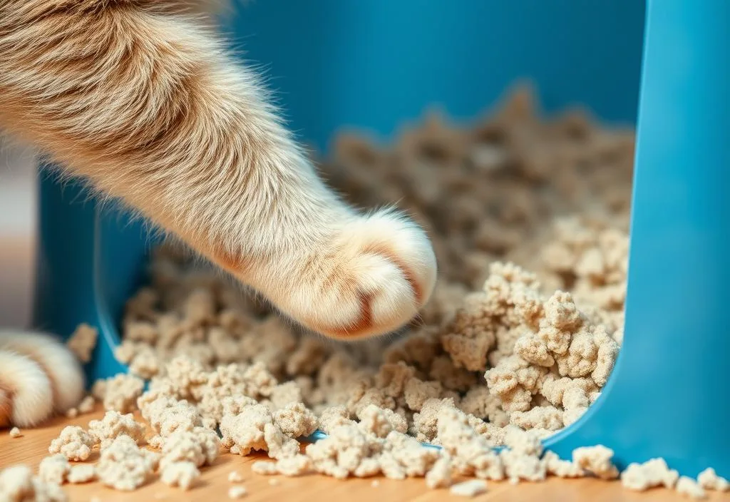 A cat paw stepping into a clumping cat litter box