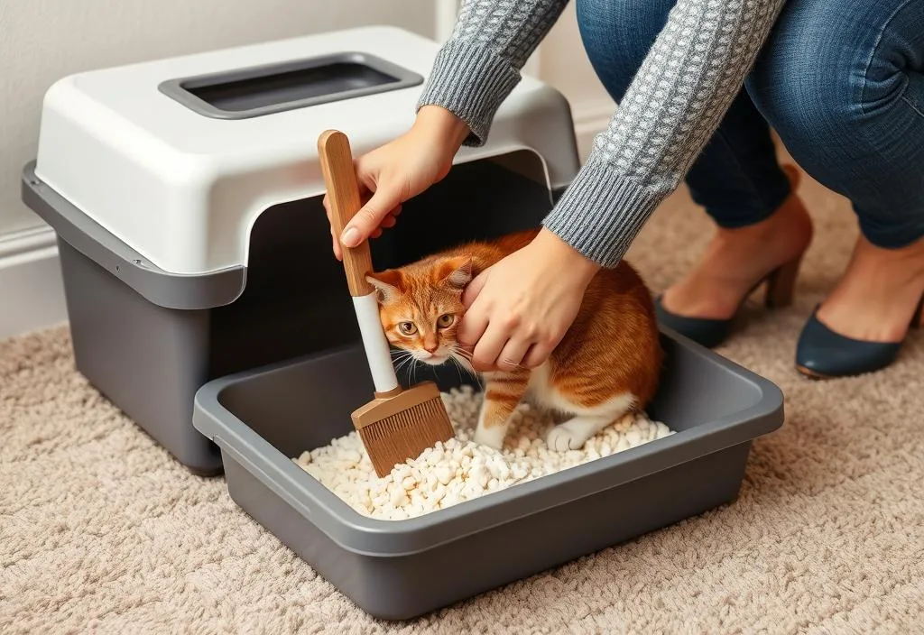 A cat owner scooping a clumping cat litter box