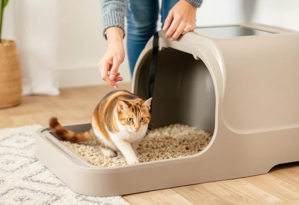 A cat owner scooping a natural cat litter box