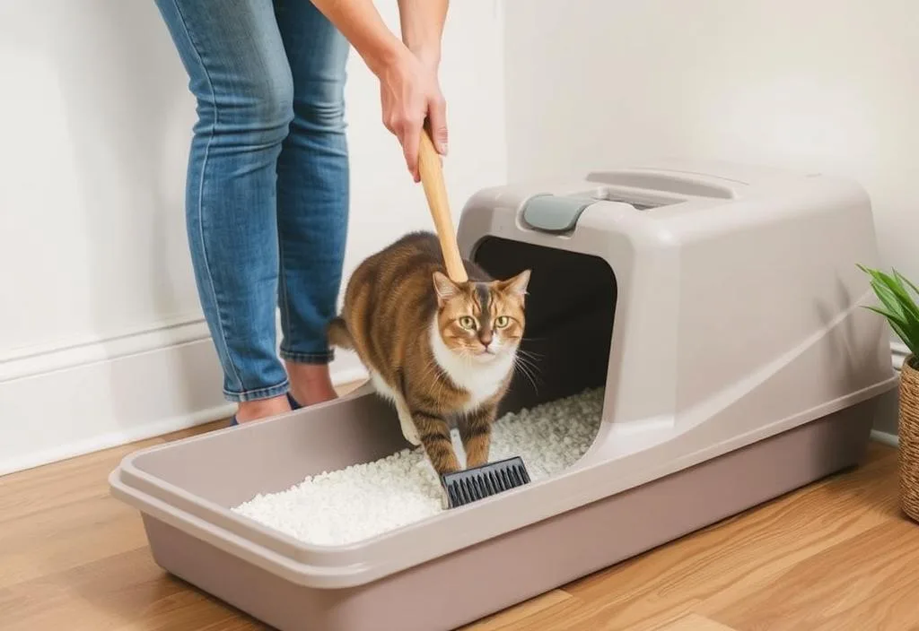 A cat owner scooping an odor-controlling cat litter box