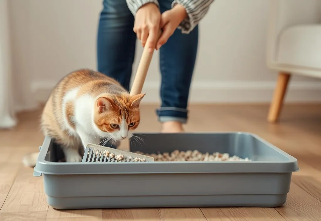 A cat owner scooping a clumping cat litter box