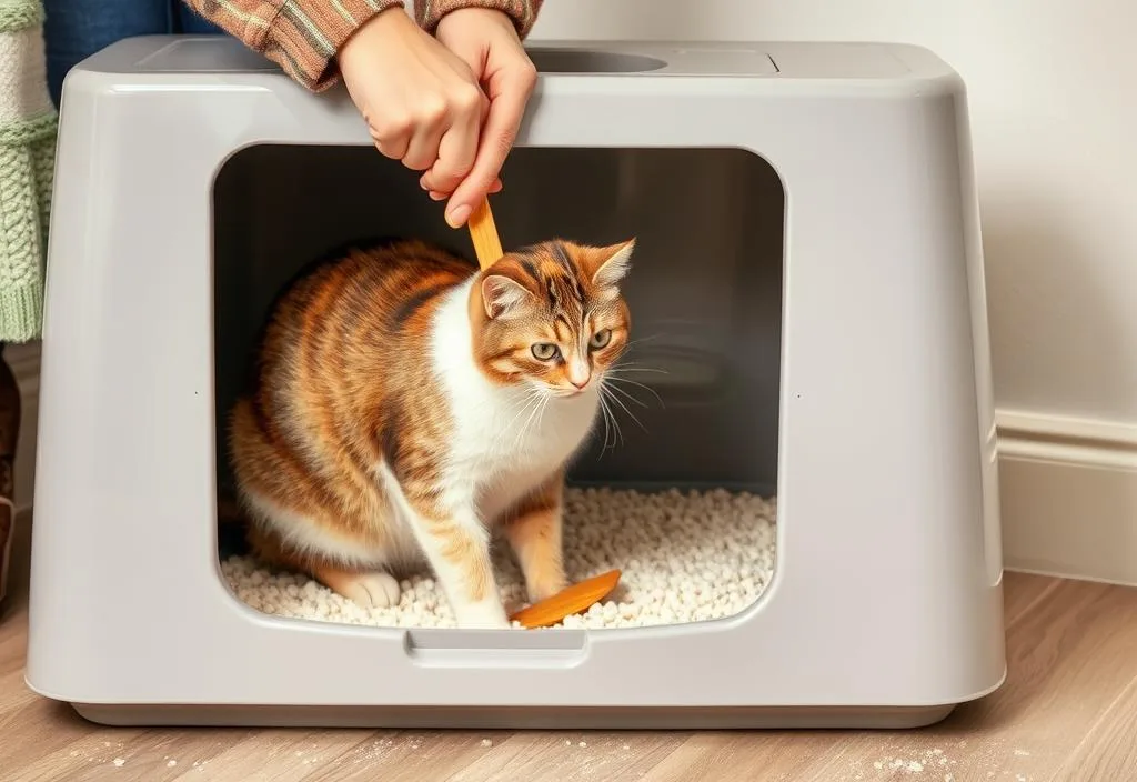 A cat owner scooping a multi-cat clumping cat litter box