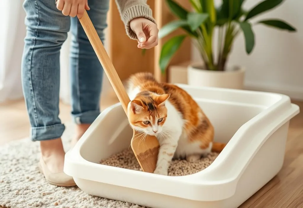 A cat owner scooping a natural cat litter box