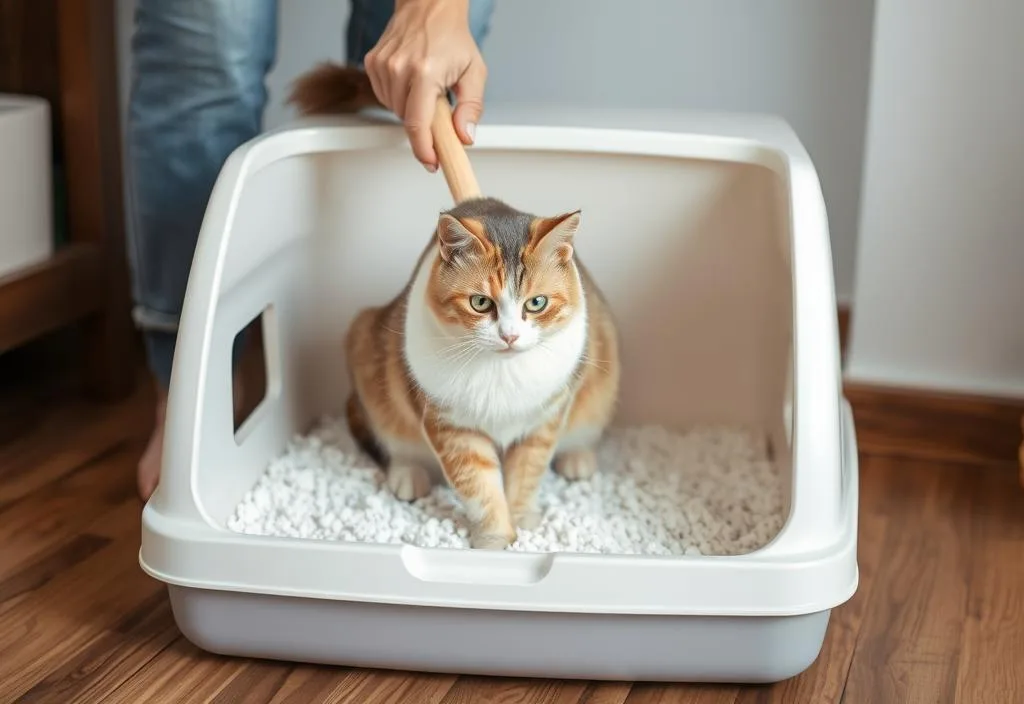 A cat owner scooping a clumping cat litter box