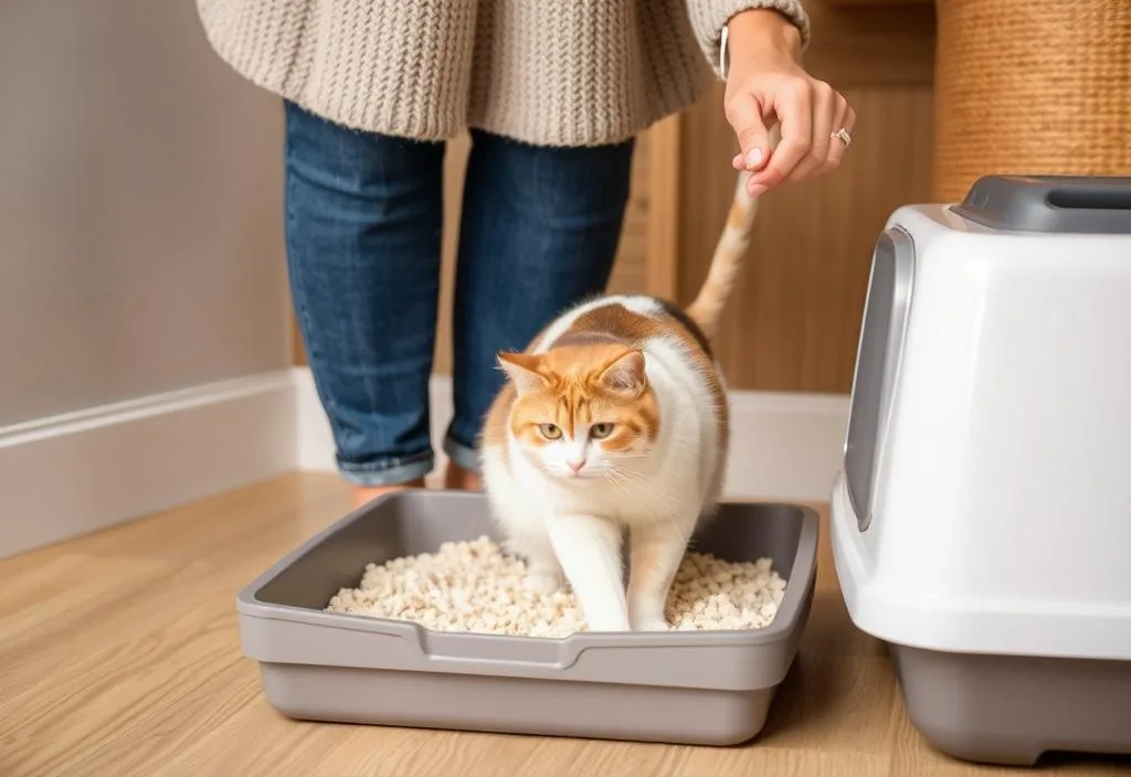 A cat owner scooping a clumping cat litter box