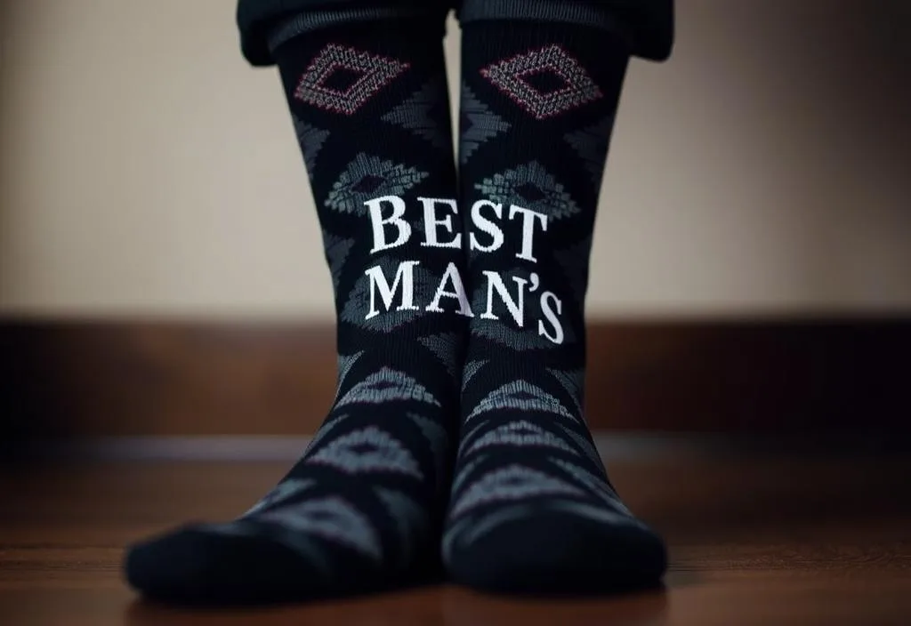 A pair of patterned socks with a best man's title