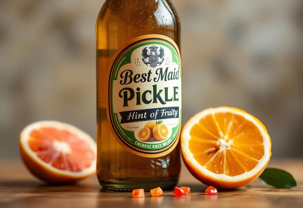 A bottle of Best Maid Pickle Beer with a Hint of Fruity with a slice of fruit