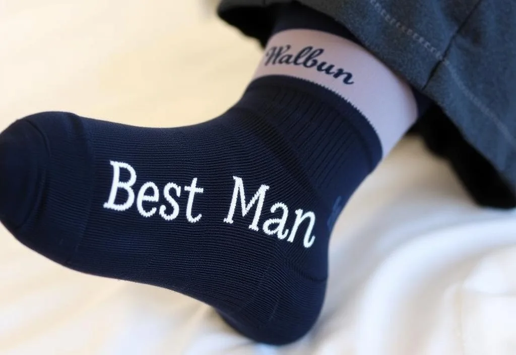 A pair of personalized socks with a best man's title