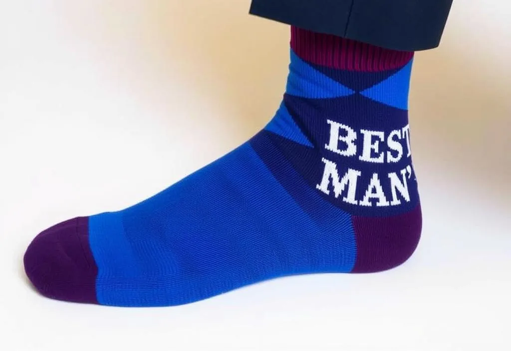 A pair of socks with a pop of color and a best man's title