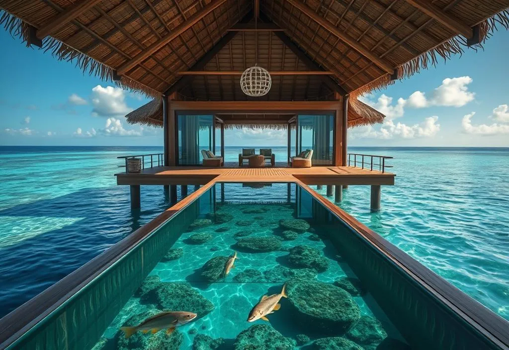 A luxurious overwater bungalow with a glass floor panel for gazing at marine life