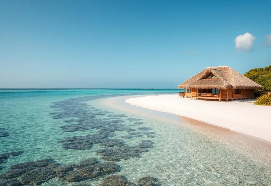 A secluded beach with a thatched-roof villa and a crystal-clear lagoon