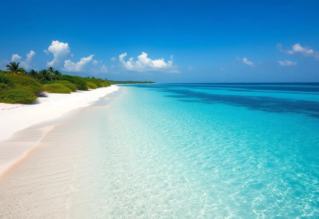 A picturesque beach with turquoise waters and powdery white sand