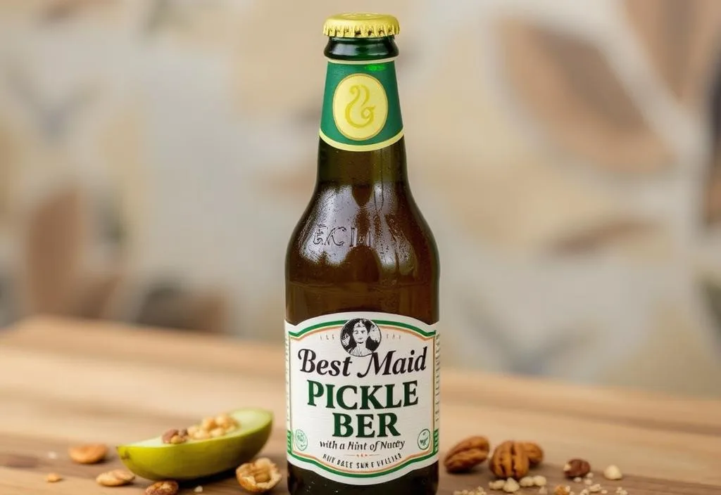 A bottle of Best Maid Pickle Beer with a Hint of Nutty with a slice of pickle and a sprinkle of nuts