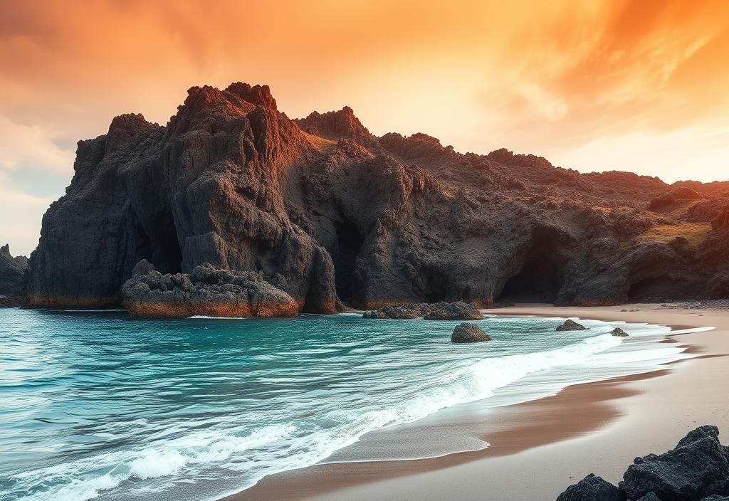 A dramatic beach scene with volcanic rock formations and crystal-clear waters