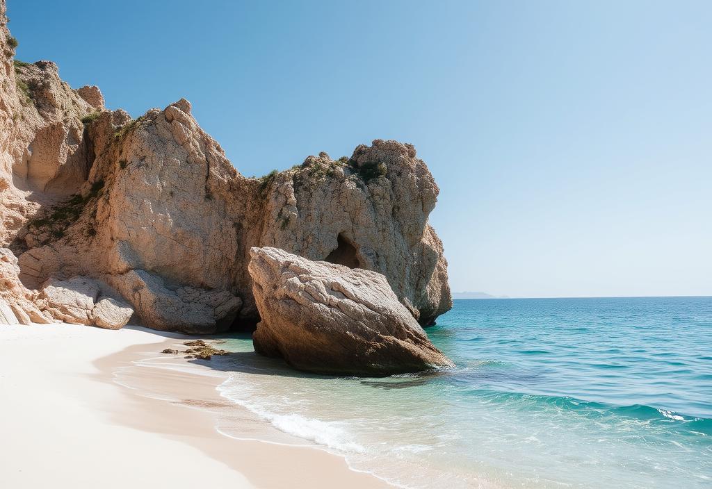 A secluded beach with a stunning rock formation and crystal-clear waters