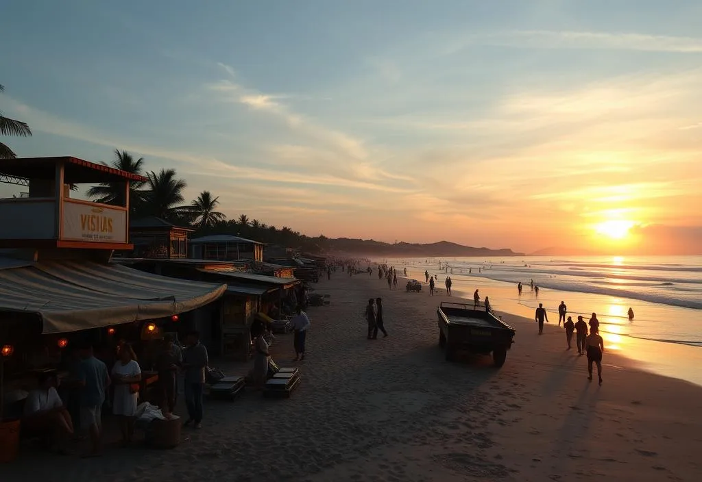 A bustling beach scene with vendors and restaurants, and a stunning sunset in the background